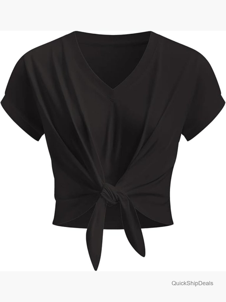 Short Sleeve V-Neck Knot Front Crop Tee, Cotton T-Shirt Blouse